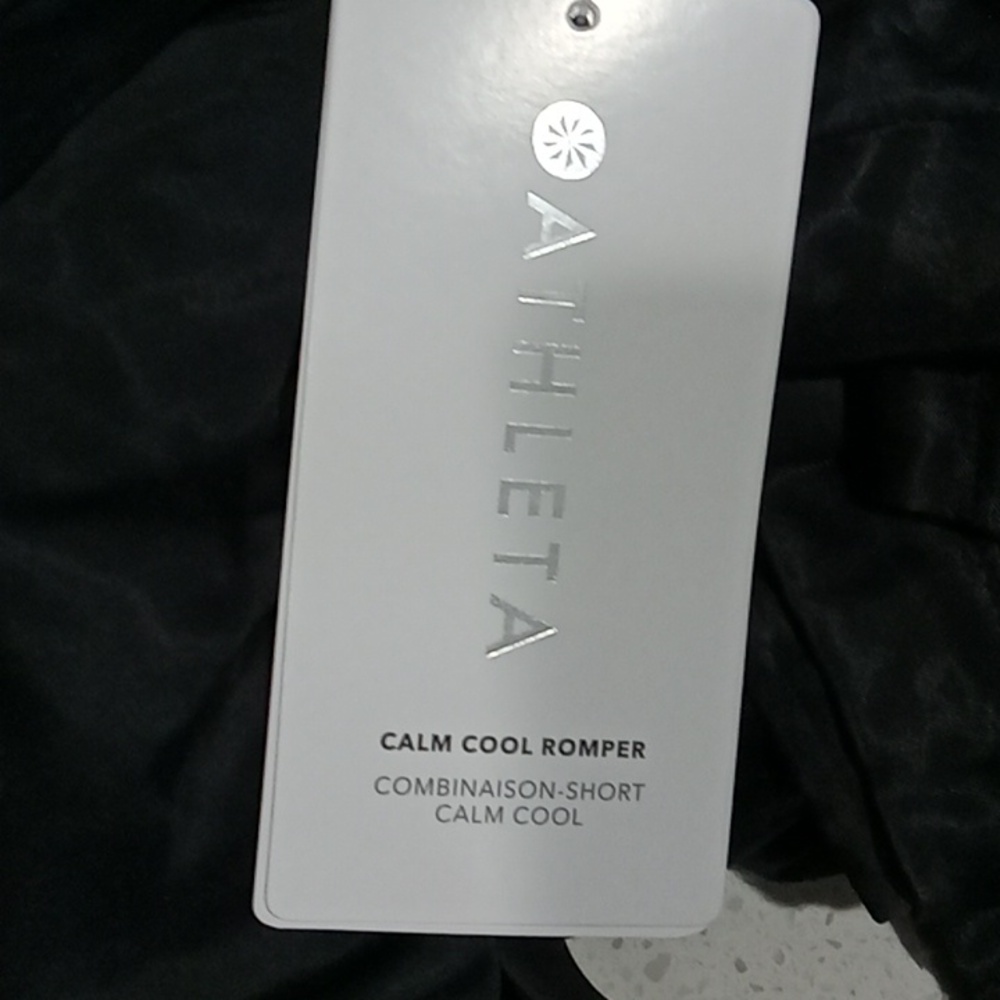 Athleta black Calm Cool Romper. Super soft satin feel. 28" inseam Size XS NWT - Picture 6 of 6